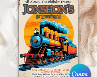 Train Birthday Party Invitation, Train Kids Invitation, Blue Boy 1st Boarding Pass, Digital Editable Printable, Instant Download TB852
