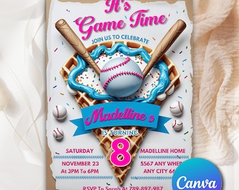 Convite de aniversário com tema de beisebol e sorvete escorrendo, Convite com tema de beisebol, Convite de beisebol, Sorvete escorrendo, Convite de beisebol editável com tema de beisebol e sorvete BD291
