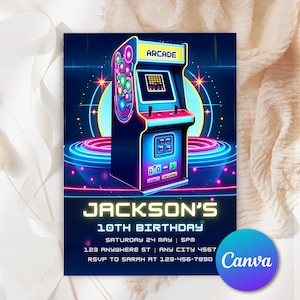 Arcade Birthday Party Invitation Template, Arcade Invitation, Neon Glow Invitation, Boys Gamer Party, Video Game Party, Editable Canva AB024