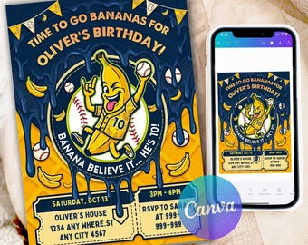Savannah Bananas Baseball Drip Ice Cream Birthday Invitation, Yelow Banana melted, Savannah Bananas Birthday Invitation, Editable Canva SBB1