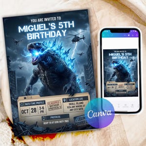 Pode incluir: Um convite de aniversário com um monstro semelhante ao Godzilla, efeitos de energia azul e um fundo de cidade. Texto: "YOU ARE INVITED TO MIGUEL'S 5TH BIRTHDAY." Inclui data, hora e local. Um smartphone mostra o mesmo design.