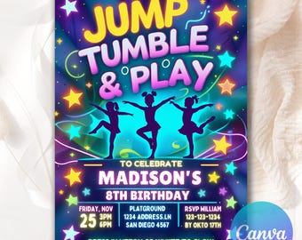 Invitación de cumpleaños de gimnasia, invitación de gimnasia con brillantina, invitación de gimnasia editable, invitaciones de gimnasia de descarga instantánea GY64