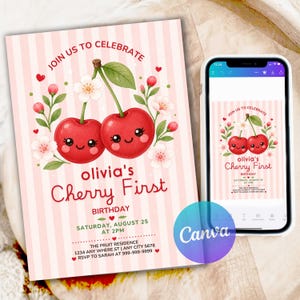 Może przedstawiać: Zaproszenie na urodziny z dwiema uśmiechniętymi czerwonymi wiśniami, różowo-białymi paskami oraz tekstem: JOIN US TO CELEBRATE, olivia's Cherry First BIRTHDAY, SATURDAY, AUGUST 25 AT 2PM, THE FRUIT RESIDENCE, 1234 ANY WHERE.ST.
