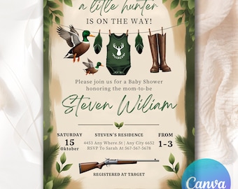 A Little Hunter, Mallard Duck Baby Shower Invite, Hunter Clothes Baby Shower Invitation, Editable Duck Hunting Baby Shower Invitation DH321