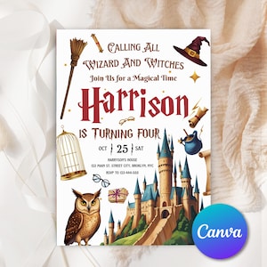 May include: A white invitation card with a red and gold castle illustration. The text on the card reads "Calling all Wizard and Witches, Join us for a magical time, Harrison is turning four, Oct 25 Sat, Harryson's House, 123 Main St. Street City, Brooklyn, NYC, RSVP to 123-444-555".