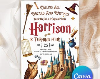 Magical Birthday Invitation, Wizards Witches Birthday Invitation Template, Printable Magic Wizardry Castle Birthday Party Invitation MWW016