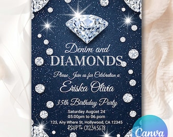 Denim and Diamonds Birthday invitation, Denim Snd Diamonds Party Invitation, Editable Denim Birthday Dinner Invitation Canva Template DD671