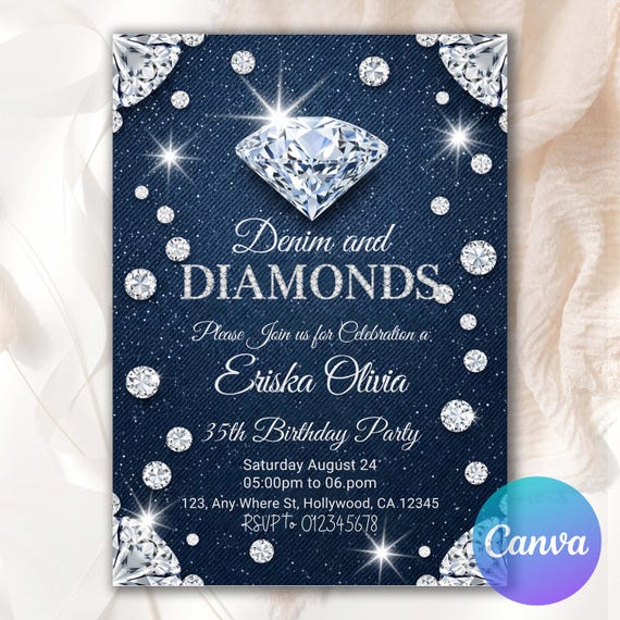 Denim and Diamonds Birthday invitation, Denim Snd Diamonds Party Invitation, Editable Denim Birthday Dinner Invitation Canva Template DD671