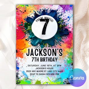 May include: A colorful birthday invitation with paint splatter design. The invitation says "You're Invited!" and "Jackson's 7th Birthday." Includes event details: date, time, location, and RSVP information.