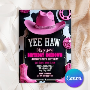 Pink Cowgirl Birthday Invitation, Country Western Invite, Cowgirl Hoedown Birthday Party Invite, Glam Invite, Editable Canva Template PC091