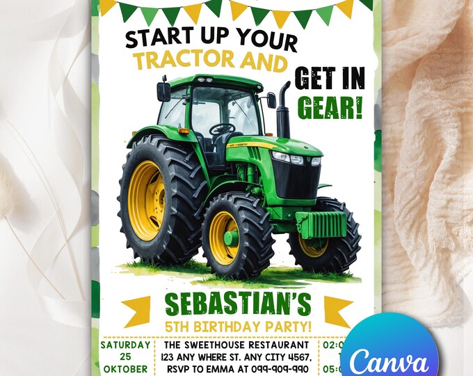 Tractor Birthday Invitation, Green Farm Party (digital Download) - Etsy ...