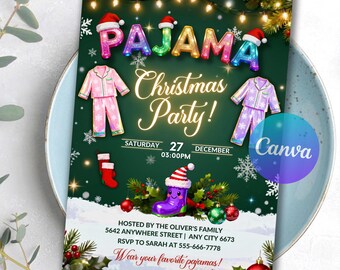 Christmas Pajama Party Invitation, Pajamas Invitation, Christmas Party Invitation, Xmas Party, Holiday Party Invite, Editable Canva Template