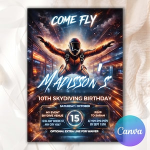 Puede incluir: Invitación digital con ilustración de paracaidista. Texto: "COME FLY" y "MADISSON'S 10TH SKYDIVING BIRTHDAY". Detalles: fecha, lugar, información RSVP y logo Canva. Diseño futurista.