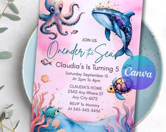 Oneder the Sea Birthday Invitation Printable, 1st Birthday Invite, Ocean Animals Girls Invite, Editable Under the Sea Invite Template UTS99