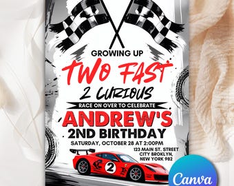 Two Fast 2 Curious Race Car  Invitation, 2nd Birthday Invite, Race Cars Birthday, Canva Editable Two Fast Birthday Invitation Template TF763
