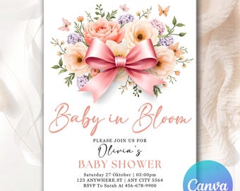 Blush Pink Bow Baby Shower Invitation Pink Girl Baby Shower Invite Pink Ribbon Editable Elegant Watercolor Coquette Bow Invitation PB724