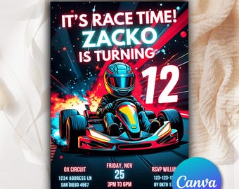 Go Kart Birthday Invitation Template, Go-Kart Party Digital Download, Racing Birthday Evite, Boys Birthday, Editable Invitation Canva GK0066