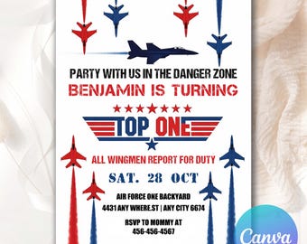 Chuxvon Fighter Jet Geburtstagseinladungen – 20 Karten Mit Umschlägen – „Top Fighter Pilot“ – Doppelseitig, 15,2 X 10,2 Cm – Für Den 1. Geburtstag & Co.