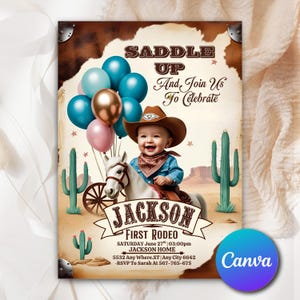 Cowboy eerste 1e verjaardagsuitnodiging, wilde westen uitnodiging, bewerkbare sjabloon eerste rodeo verjaardagsuitnodiging, afdrukbare digitale download CB92