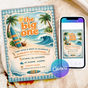 May include: A rectangular invitation card featuring a beach scene with a surfboard, palm trees, and a wave. The text reads: The Big One, Come Catch A Wave To Celebrate Scarlet's 1st Birthday, Saturday 28 September, 3:00PM-6:00PM, 123 Rosewood Lane.