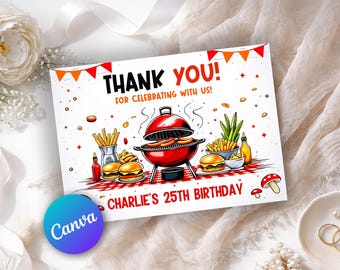 BBQ Party Thank You Card, Grill Birthday Thank You Card, Cookout Party Thank You, BBQ Birthday Party, Backyard BBQ Thank You, Editable Canva