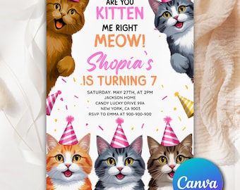 Cat Theme Birthday Invitation, Are You Kitten Me Birthday, Paw-ty Birthday Invite, Rainbow, Digital, Editable Cat Birthday Invitation CT02