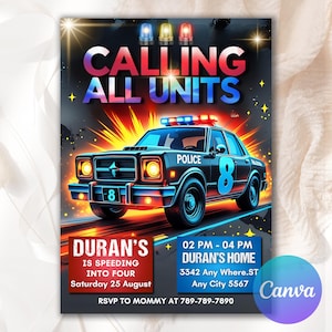 Calling All Units, Police Officer Invitation,Emergency Vehicles, Policeman Invitation, Editable Police Birthday Invitation template  PD553