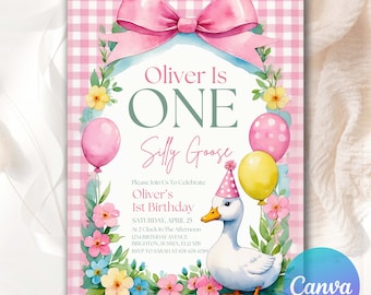 Zaproszenie na pierwsze urodziny „One Silly Goose”, motyw kokardy w stylu vintage z motywem kwiatowym, edytowalny szablon zaproszenia na imprezę z różową kratką gingham, Canva OSG0043