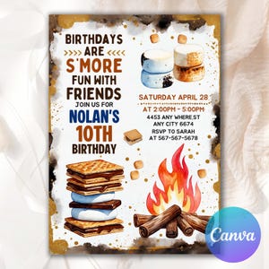 Könnte beinhalten: Aquarell-Geburtstagseinladung für Nolans 10. Geburtstag. Das Design zeigt S'mores, ein Lagerfeuer und den Text "Geburtstage machen mehr Spaß mit Freunden". Enthält Datum, Uhrzeit, Ort und RSVP-Informationen.