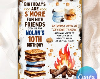 S'mores Birthday Invitation Smore Fun to be One Backyard Camping Party Fall Camp Outdoor Campfire Editable Bonfire Birthday Invite S000373