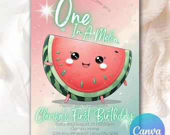 Watermelon Birthday Invitation, One in a Melon 1st Birthday, Editable Pink Summer Party Invite , Printable Template, Instant Download WT102