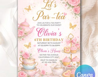 Tea Party Birthday Invitation, Girl Par-Tea Invitation, Floral Pink Gold Whimsical Tea Invite Template Digital Download, Editable Canva TPB2