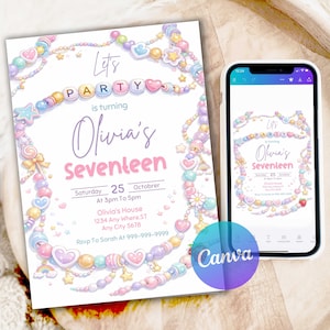 Op de afbeelding: Een uitnodiging voor een verjaardagsfeestje met de tekst "Let's Party" en "Olivia's Seventeen". Het ontwerp bevat pastelkleurige kralen en bedels. Een smartphone toont dezelfde uitnodiging.