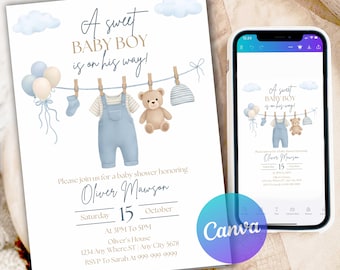 Blue Boho Bear Clothesline Baby Shower Invitation, Boho Girl Baby Shower Clothes Invitation, Instant Digital Download, Editable Canva BBC01