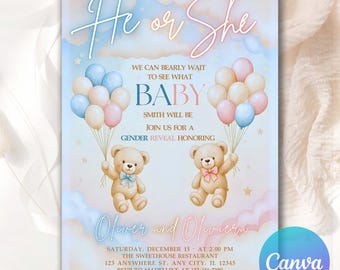 Zaproszenie na ujawnienie płci misia: Różowe i niebieskie balony, Zaproszenie na baby shower z misiem Teddy Bear (szablon Canva) BBS12
