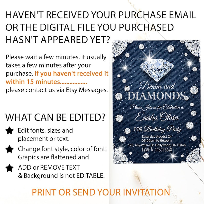 Denim birthday,Luxury invitation,Retro invitation,Denim and diamonds,Denim invitation,Diamonds invitation,Diamonds birthday,denim birthday party,digital flyer invite,jean party,diamonds and denim,Denim invite,Diamonds invite,