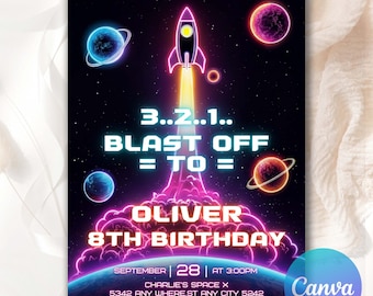 Invitación de cumpleaños espacial neón, cohetes espaciales, planetas, invitación para fiesta galáctica, invitación de cumpleaños de astronauta en el espacio exterior, Canva editable