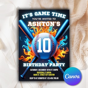 Invito per festa di compleanno a tema baseball, Swing on Over, Rookie dell'anno, invito a tema sportivo al neon, stampabile digitale modificabile BSB502