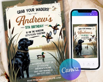 Duck Hunter Birthday Party Invitation, A Little Hunter, Mallard Duck Invite, Hunter Clothes Invite, Editable Duck Hunting Invitation DH904