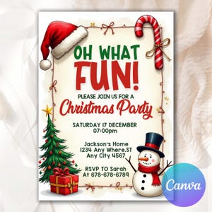 Christmas Party Invitation Template Kids Holiday Santa Hat Oh What Fun Invite Christmas Birthday Canva Digital download CP93