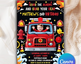 Fire Truck Birthday Invitation, Firetruck Invite Theme, Fire Engine Invitation, Firefighter Birthday Invite, Boys Birthday Template FT0042