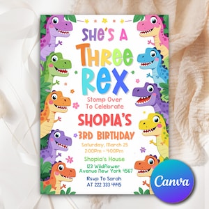 Pastel Dinosaur Birthday Invitation Girl Three Rex Party Editable Three Rex Dinosaur Birthday Invite Cute Dino Pink Template Printable DN97