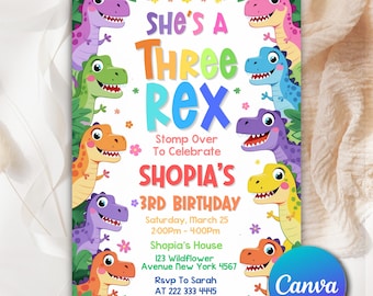 Pastel Dinosaur Birthday Invitation Girl Three Rex Party Editable Three Rex Dinosaur Birthday Invite Cute Dino Pink Template Printable DN97