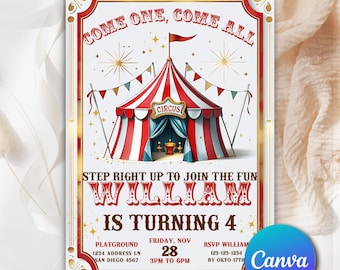 Carnival Birthday Party Invitation, Circus Party Invitation, Carnival Invitation Theme, Editable Carnival Circus Invitation in CANVA CC0552
