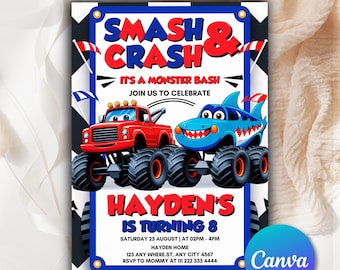 Boy Birthday Invitation, Monster Truck Birthday Invite, Smash & Crash, Boys Trucks Birthday, Editable Canva template, Instant Download MT25