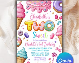 May include: A colorful invitation for a child's second birthday party. The invitation features a pink, blue, and green donut with sprinkles, a pink and white ice cream cone, and the text "Elizabeth is TWO Sweet". The invitation also includes the date, time, and location of the party.