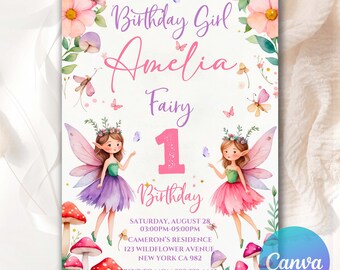 Fairy First Birthday Invitation My Fairy First Invitation Enchanted Forest Girl Editable Fairy Garden 1st Birthday Party Invitation FF074