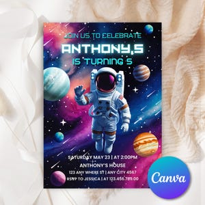 May include: A space-themed birthday party invitation with a cartoon astronaut in a white spacesuit against a purple and blue galaxy background. The text reads "Join us to celebrate Anthony's 5th Birthday".