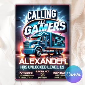 Video Game Truck Birthday Party Invitation, Gamer Birthday Invitation, Video Game Birthday Invitation, Digital Download, Editable Canva VG60