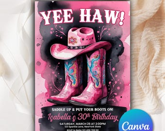 Invito di compleanno a tema cowgirl spaziale, invito per festa a tema cowgirl rosa "Yee Haw", invito di compleanno a tema western/disco da cowgirl modificabile PC092